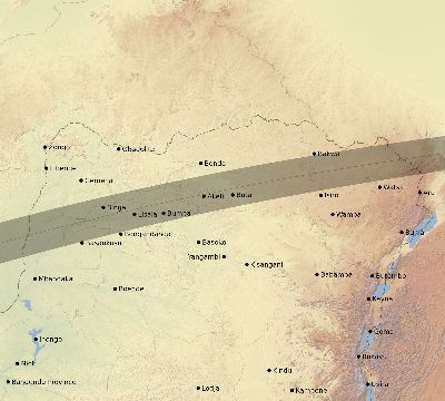 Map of the eclipse path across DR Congo on 03/12/2165