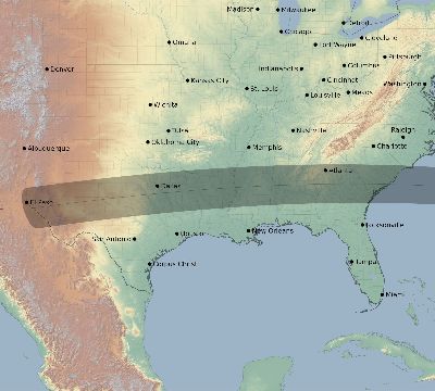 Map of the eclipse path across United States on 09/05/2165