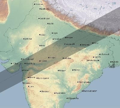 Map of the eclipse path across India on 01/10/2168