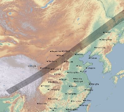 Map of the eclipse path across China on 06/25/2169
