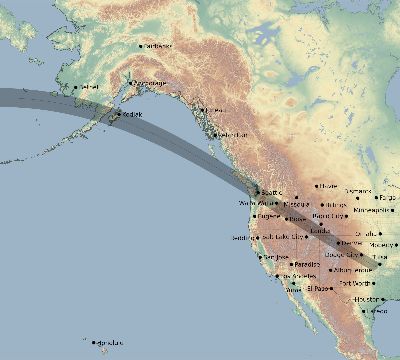 Map of the eclipse path across United States on 06/25/2169