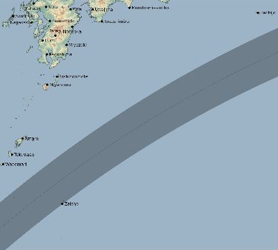 Map of the eclipse path across Japan on 04/23/2172