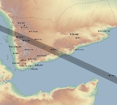 Map of the eclipse path across Yemen on 06/05/2179