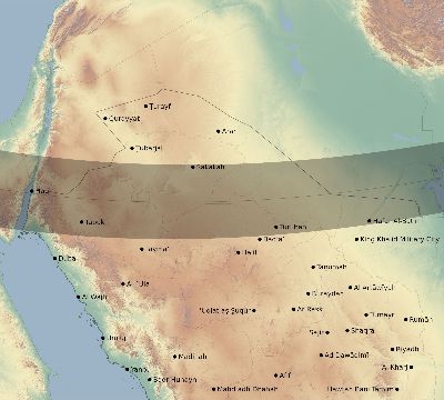 Map of the eclipse path across Saudi Arabia on 11/17/2180