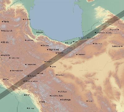 Map of the eclipse path across Iran on 04/03/2182