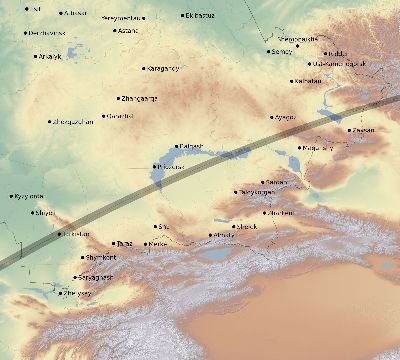 Map of the eclipse path across Kazakhstan on 04/03/2182