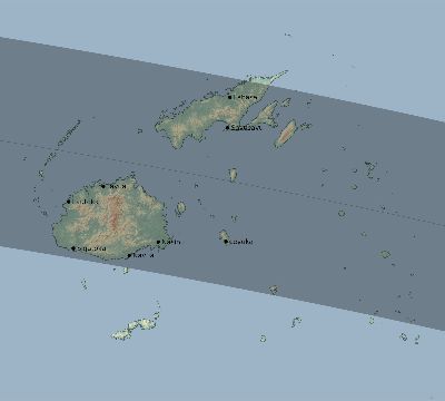 Map of the eclipse path across Fiji on 09/27/2182