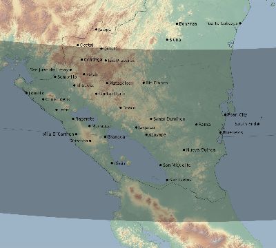 Map of the eclipse path across Nicaragua on 01/20/2186