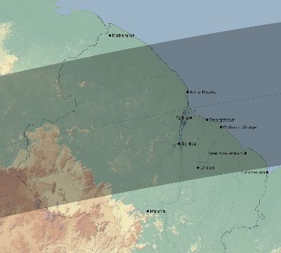 Map of the eclipse path across Guyana on 07/16/2186