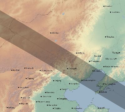 Map of the eclipse path across China on 07/06/2187