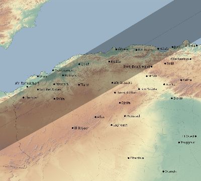 Map of the eclipse path across Algeria on 07/06/2187
