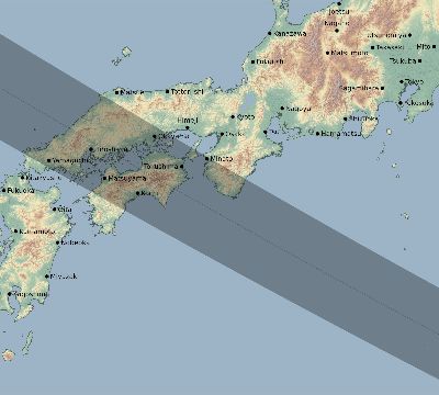 Map of the eclipse path across Japan on 07/06/2187