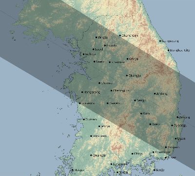 Map of the eclipse path across South Korea on 07/06/2187
