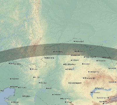 Map of the eclipse path across Kazakhstan on 07/06/2187