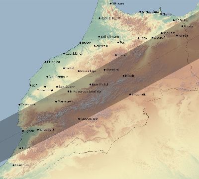 Map of the eclipse path across Morocco on 07/06/2187