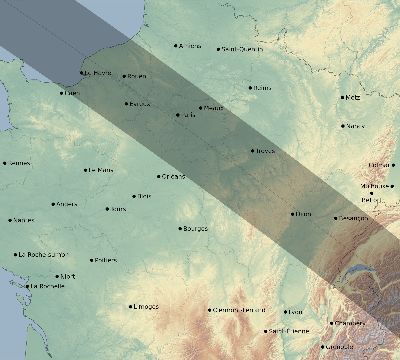 Map of the eclipse path across France on 11/08/2189