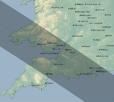 Map of the eclipse path across United Kingdom on 11/08/2189