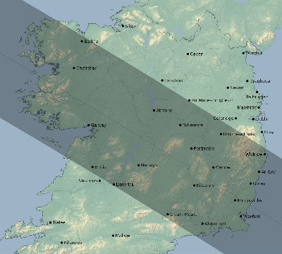 Map of the eclipse path across Ireland on 11/08/2189