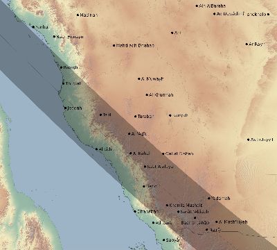 Map of the eclipse path across Saudi Arabia on 11/08/2189