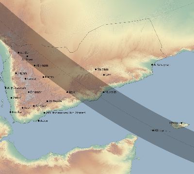 Map of the eclipse path across Yemen on 11/08/2189