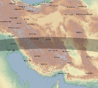 Map of the eclipse path across Iran on 05/04/2190