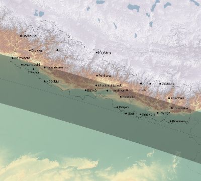 Map of the eclipse path across Nepal on 05/04/2190