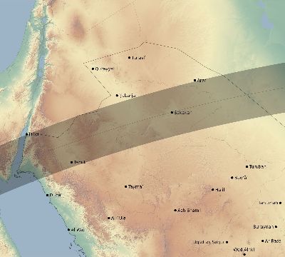 Map of the eclipse path across Saudi Arabia on 05/04/2190