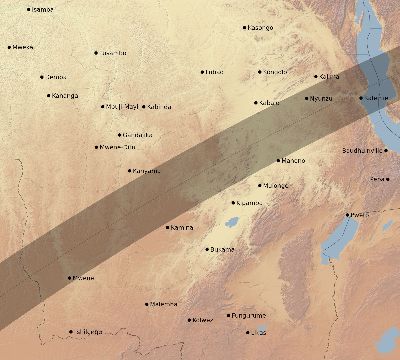 Map of the eclipse path across DR Congo on 03/03/2193