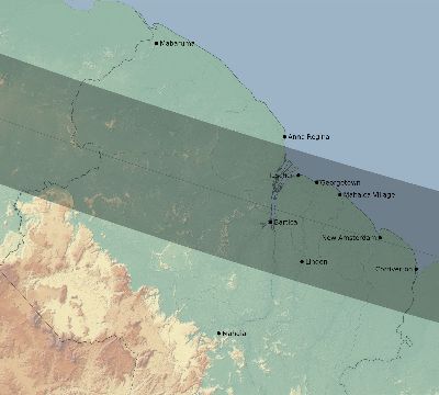 Map of the eclipse path across Guyana on 08/26/2193