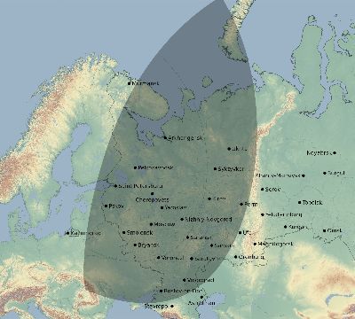 Map of the eclipse path across Russia on 02/10/2195