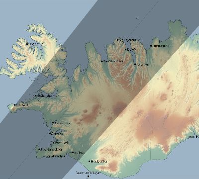 Map of the eclipse path across Iceland on 06/26/2196