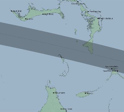 Map of the eclipse path across Bahamas on 06/15/2197