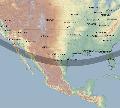Map of the eclipse path across United States on 11/28/2198