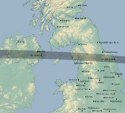 Map of the eclipse path across United Kingdom on 04/14/2200