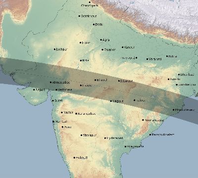 Map of the eclipse path across India on 09/28/2201