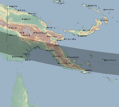 Map of the eclipse path across Papua New Guinea on 09/28/2201