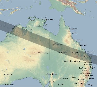 Map of the eclipse path across Australia on 01/21/2205