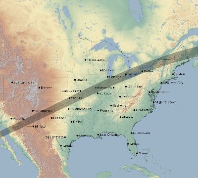 Map of the eclipse path across United States on 07/17/2205