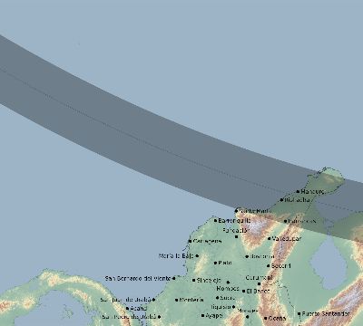 Map of the eclipse path across Colombia on 11/20/2207