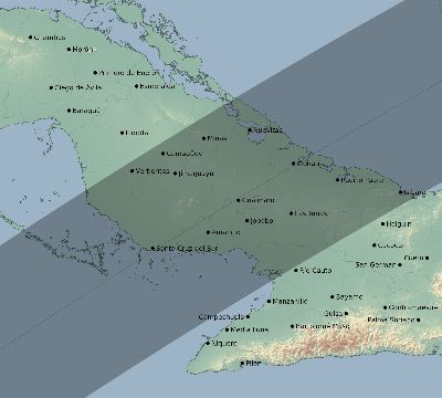 Map of the eclipse path across Cuba on 05/15/2208