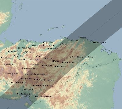 Map of the eclipse path across Honduras on 05/15/2208