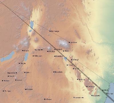 Map of the eclipse path across Tanzania on 11/09/2208