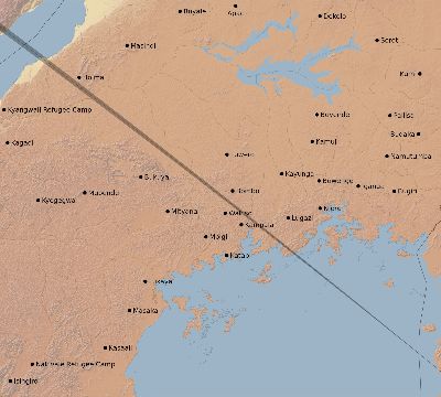 Map of the eclipse path across Uganda on 11/09/2208
