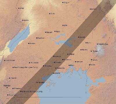 Map of the eclipse path across Uganda on 03/04/2212