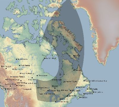 Map of the eclipse path across Canada on 02/21/2213
