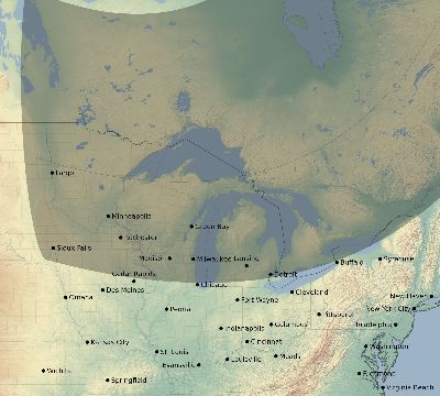 Map of the eclipse path across United States on 02/21/2213