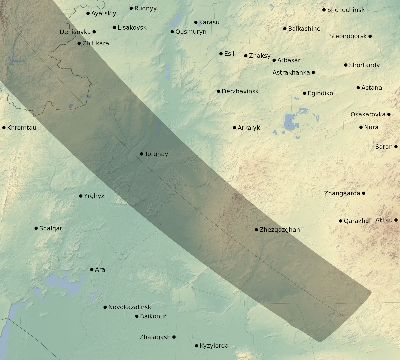 Map of the eclipse path across Kazakhstan on 07/08/2214