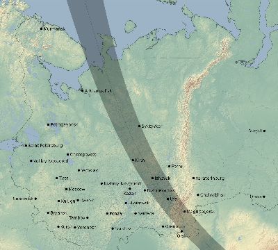 Map of the eclipse path across Russia on 07/08/2214