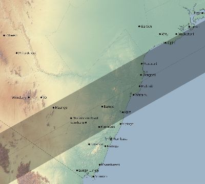 Map of the eclipse path across Kenya on 12/21/2215