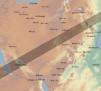 Map of the eclipse path across Tanzania on 12/21/2215